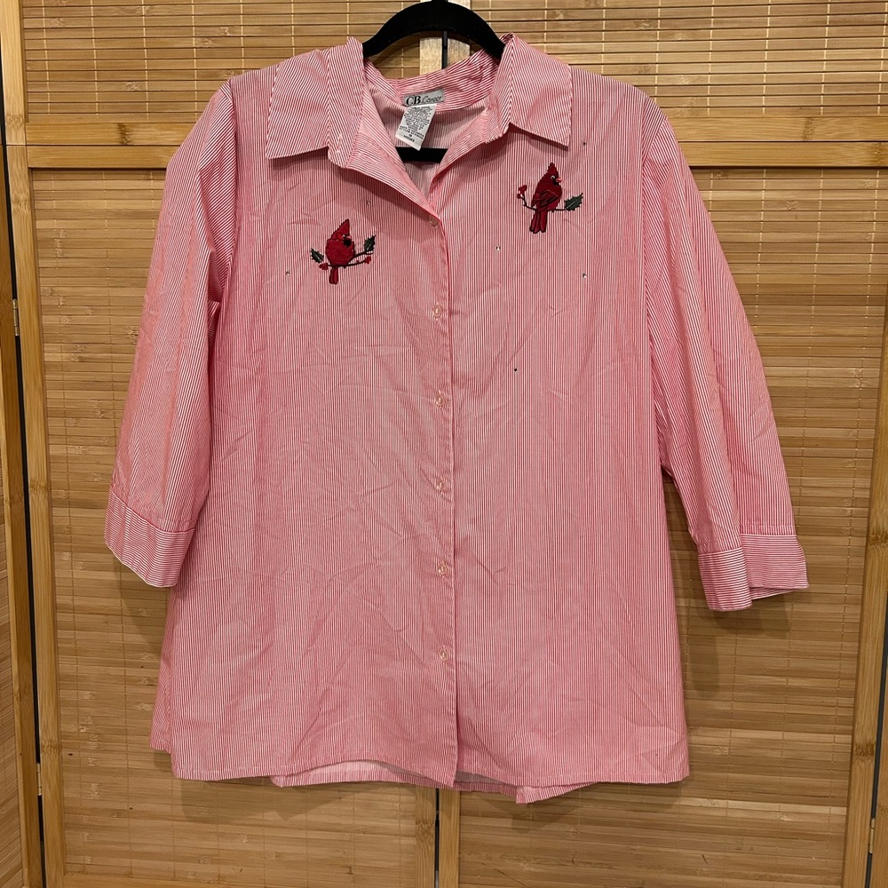 CB Career red white stripe 3/4 sleeve blouse cardinal birds size 18 1X vintage